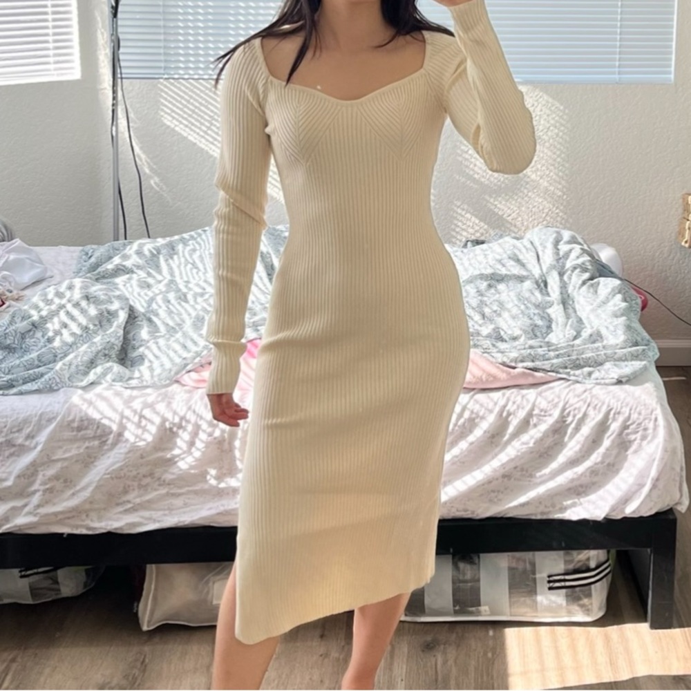 Cream knit ribbed fitted midi sweater dress